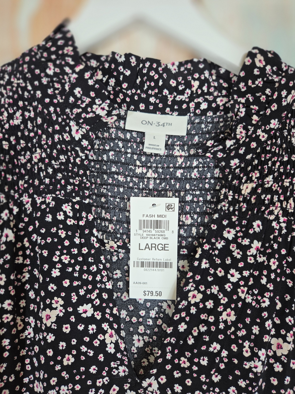 On 34th Floral Midi Dress - Black with Pink Blossom Print. Size Large - Picture 3 of 4